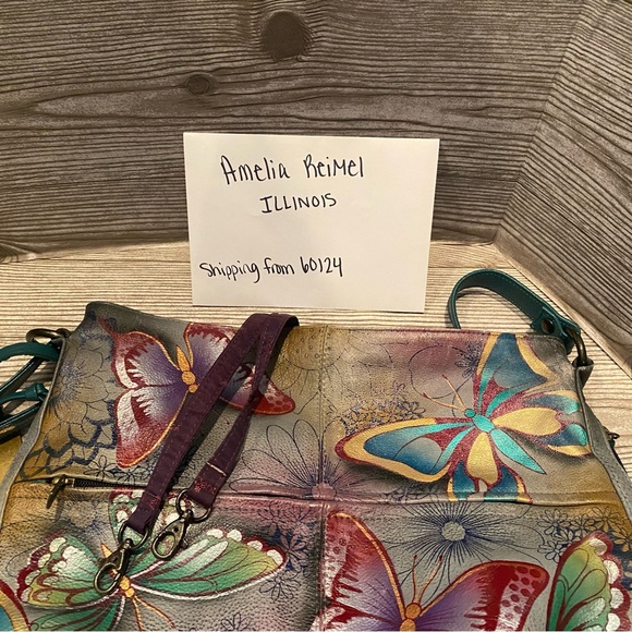 Used Anuschka Butterfly Paradise Large Crossbody Hobo Purse - Picture 9 of 14